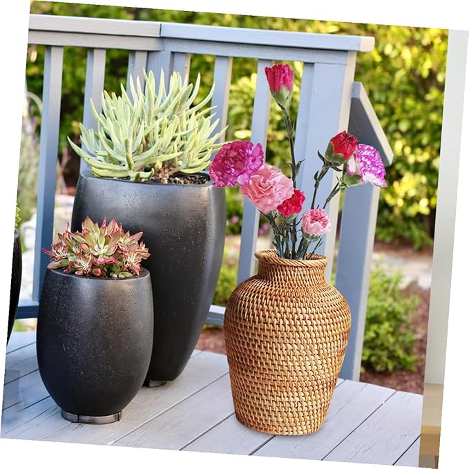 VOSAREA Rattan Vase Country Style Woven Plant Holder Basket Rustic Vase Hand Woven Dried for Home Decoration