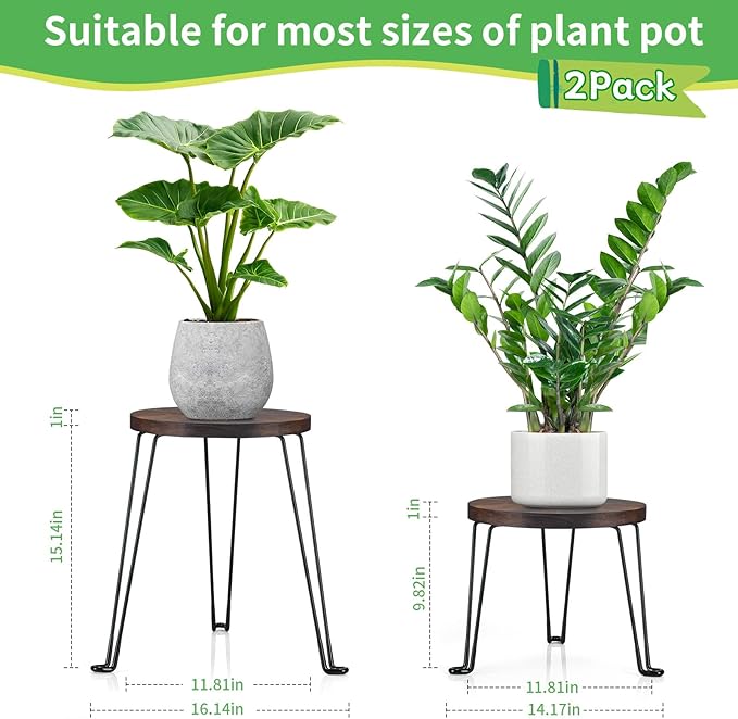 Yangbaga Wooden Plant Stands Indoor: 2Pack 11.81IN Round Planter Stands with Metal Legs,Mid Century Planter Holder for Home Decor,Multi-purpose Plant Table for Living Room/Patio/Garden/Balcony/Office