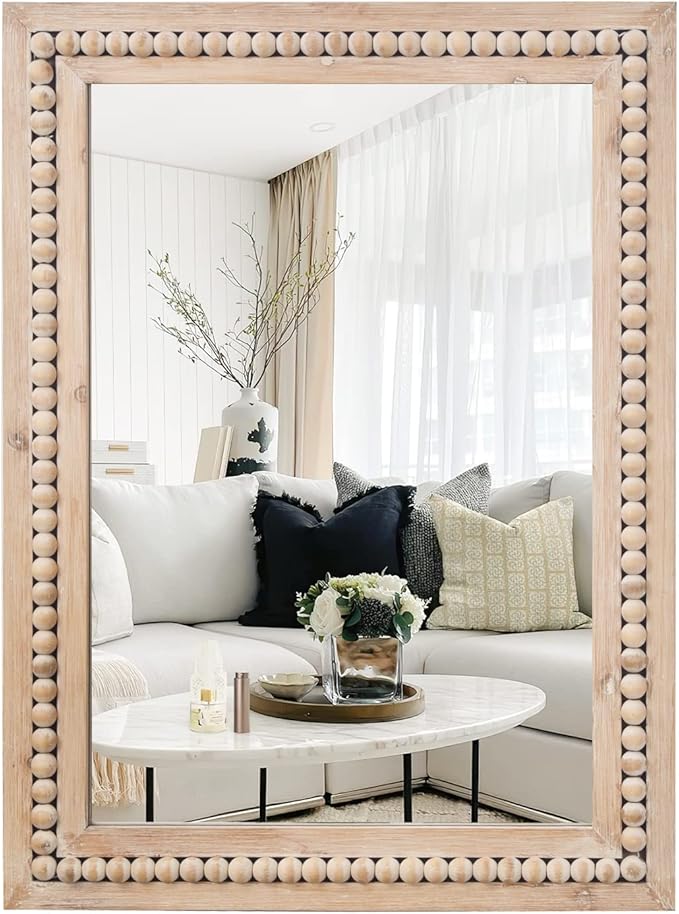 H HOMEWINS Rustic Rectangle Mirror,22x30 Wooden Farmhouse Mirrors,Boho Bathroom Wall-Mounted Nature Beads Decor Mirror for Bedroom, Living Room,Vanity,Entryway,Over Sink
