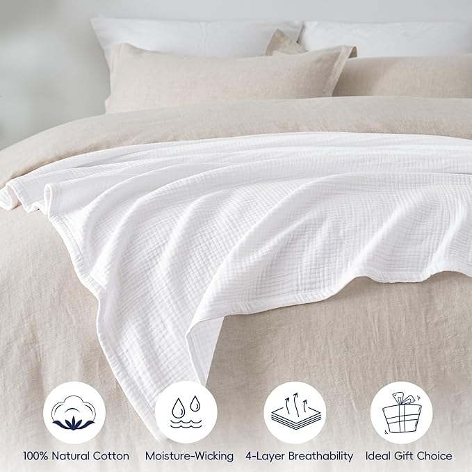 PHF 100% Cotton Muslin Throw Blanket 50" x 60", 4-Layer Lightweight Gauze Throw, Breathable Cloud-Soft Minimalist Blanket for Bed, Couch, Camping & Baby, White, Ideal Gift