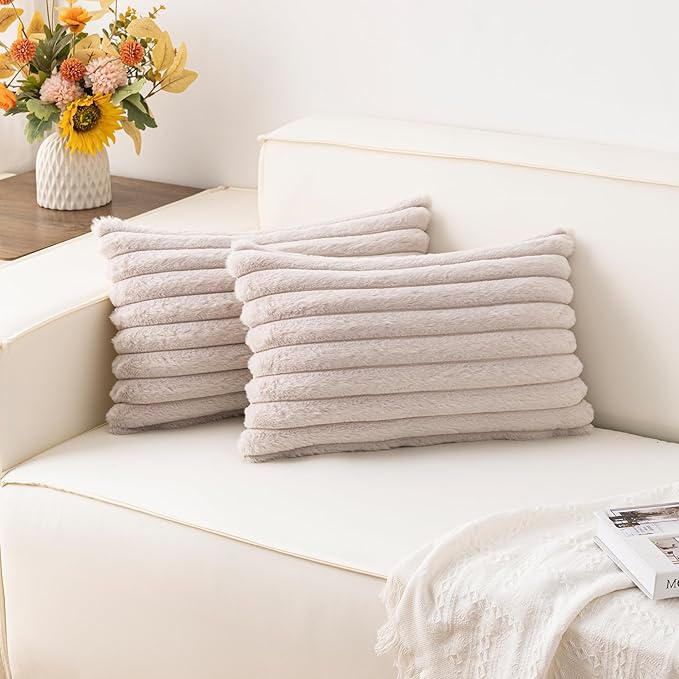Pack of 2 Faux Fur Christmas Throw Pillow Covers 12x20 Inch, Soft Plush Striped Neutral Couch Pillow Cover, with Velvet Back Modern Home Decor for Sofa Living Room Couch Bed Light Grey