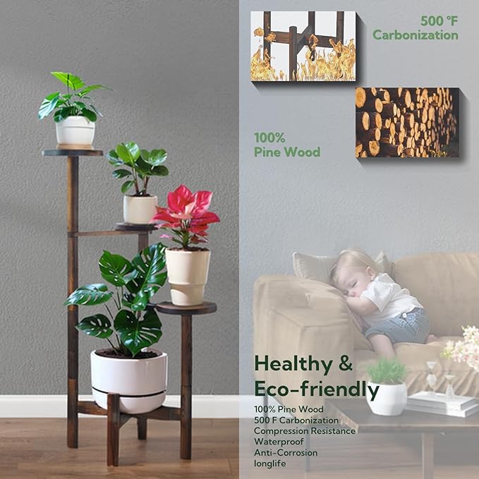 4 Tier Plant Stand Indoor, Wood Tall Corner Plant Display Shelf, Multi Tier Planter Holder Flower Rack Pot Stand For Living Room Garden Patio Balcony