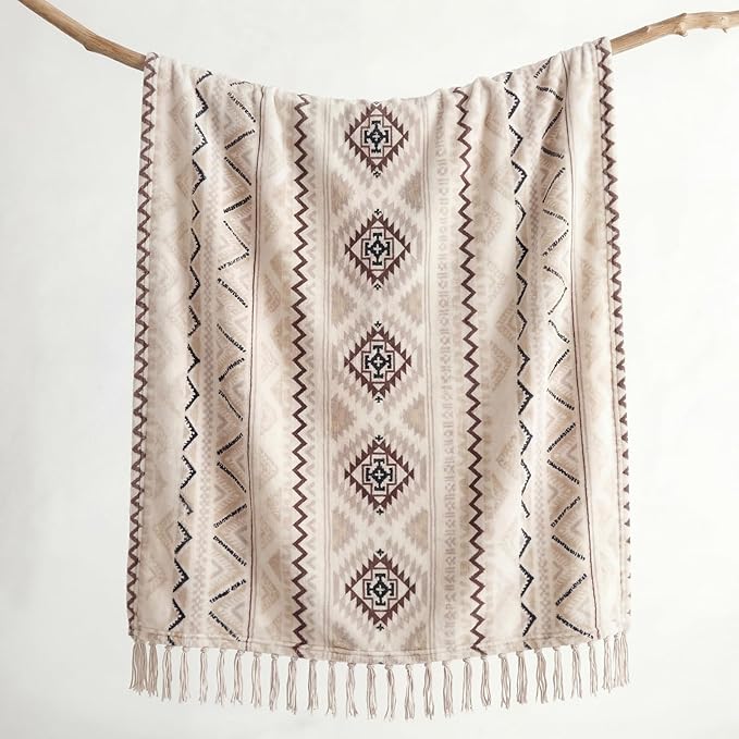 CASAAGUSTO Boho Throw Blanket - Beige and Gray Decorative Blankets with Tassel, Printed Flannel Bohemian Blanket for Chair, Bed, Sofa, Couch(60 * 80, Beige and Gray)