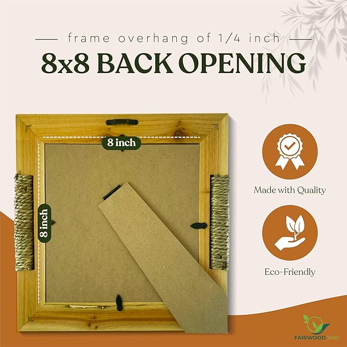 Boho Picture Frame with Wicker Accents | Lightweight Wooden Frame for 8x8 Photo or Artwork Bohemian, Coastal or Biophilic Style for Wall & Tabletop | All Natural Wood & Seagrass | Golden Brown
