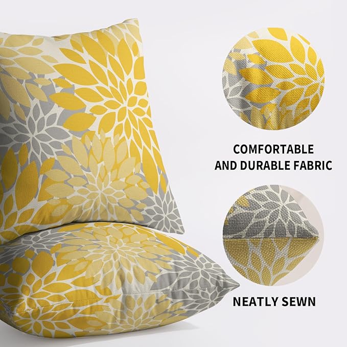 Yellow Grey Gray Pillow Covers 16X16 Inch Set of 2, Dahlia Flower Spring Summer Floral Cream Decorative Throw Pillow Covers Outdoor Modern Farmhouse Cushion Case for Home Couch Sofa Bed Decor