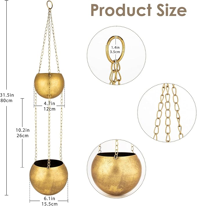 Gold Metal Hanging Planters for Indoor Plants - Round Wall Hanging Baskets with Hook & Chain & Drainage Hole Farmhouse Rustic Garden Rustproof Vintage Flower Pot for Wall Ceiling Plant Hanger Outdoor