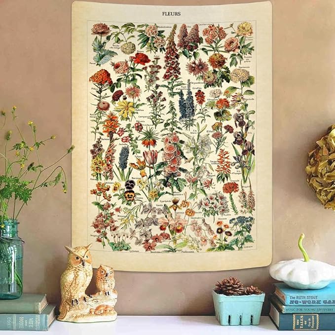Vintage Flowers Tapestry 48”x36”, Long Vertical Wall Hanging Reference Illustrative Botanical Tapestries for Bedroom Aesthetic Floral Tapistry Botanical Plants Tapestry Wall Hanging Cute Bedroom Decor