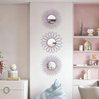 3 Pack Metal Mirrors for Wall Sunburst Wall Mirrors Home Décor Decorative Hanging Wall Art for Living Room Bedroom Entryway (Purple, Flower+Sunburst)