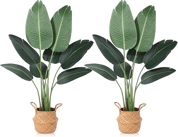Artificial Bird of Paradise Plants 4 Ft Fake Tropical Tree with Woven Basket, Faux Banana Leaf Plant for Home Indoor Outdoor Office Modern Decor Green 2 Set