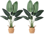 Artificial Bird of Paradise Plants 4 Ft Fake Tropical Tree with Woven Basket, Faux Banana Leaf Plant for Home Indoor Outdoor Office Modern Decor Green 2 Set