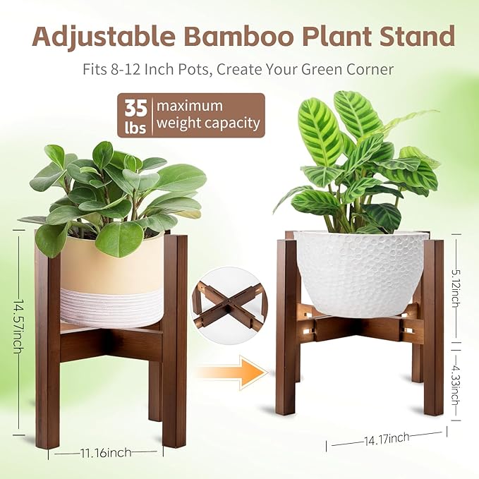 Adjustable Bamboo Plant Stand for Indoor Plants, Holder Rack Fits 8"-12" Pots for Living Room, Bedroom, Corner - Space Saving Shelf (Pot & Plant Not Included) (brown)