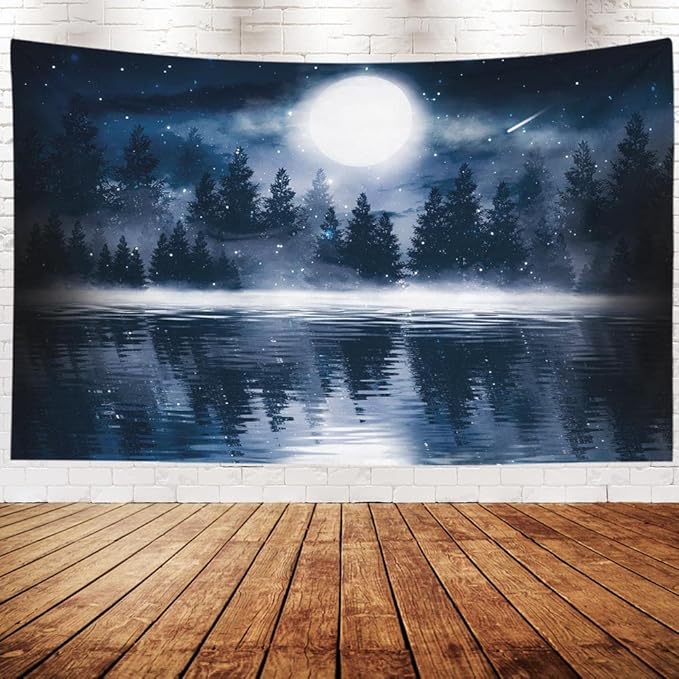 EMMTEEY Black Forest Tapestry Dark Forest with Big Moon Moonlight