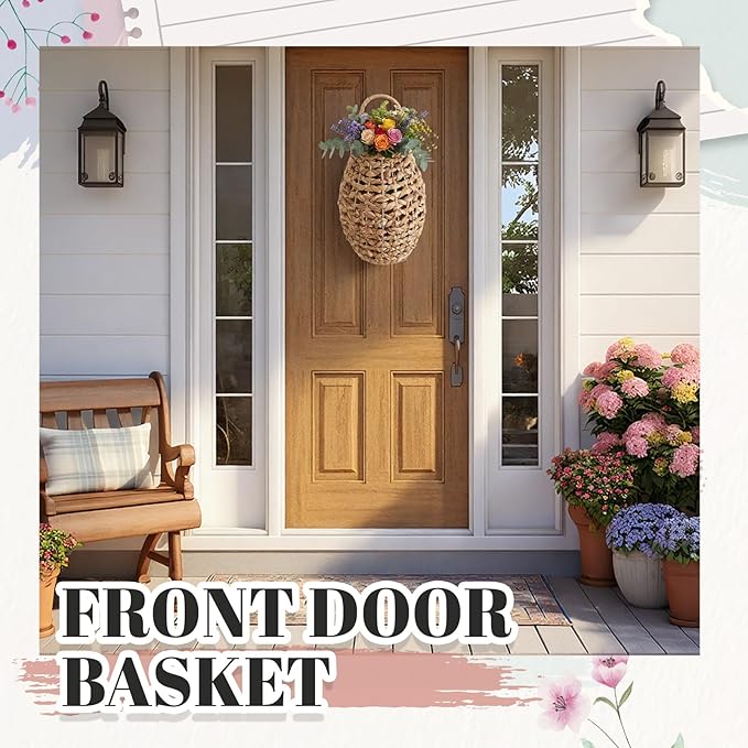 Chunful 2 Pcs Water Hyacinth Hanging Wicker Basket, Natural Wicker Decorative Baskets, Handmade Woven Storage Organizer for House Garden Wedding Wall Decorations, Large Size