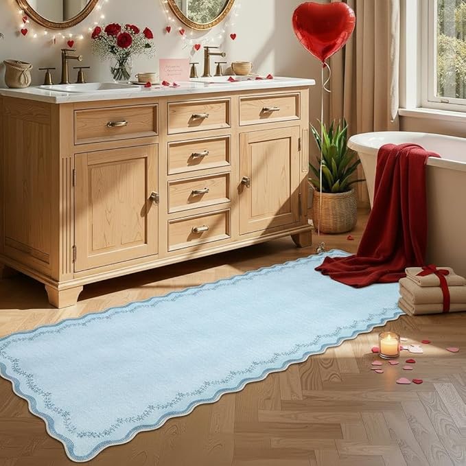 GarveeHome 2.5x8 Valentines Scalloped Washable Runner Rug for Kitchen, Soft Blue Long Hallway Runner Non Slip Entryway Rug Farmhouse Thin Laundry Mat Stain Resistant Carpet for Bathroom Beside Rug