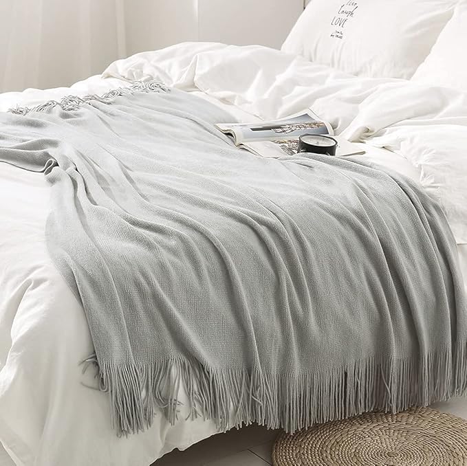 Homiest Decorative Knitted Throw Blanket with Fringe - Lightweight Acrylic Knit Blanket Soft & Cozy Tassel Blanket for Couch Sofa Bed - Light Grey, 60 x 80 Inch