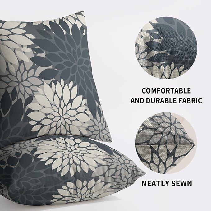 Dusty Blue Cream Grey Gray Pillow Covers 24X24 Inch Set of 2, Modern Dahlia Floral Print Decorative Throw Pillow Covers Outdoor Farmhouse Cushion Case for Home Couch Sofa Bed Decoration