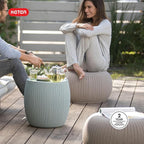 Keter Urban Knit Pouf Ottoman Set of 2 with Storage Table for Patio and Room Décor - Perfect for Balcony, Deck, and Outdoor Seating, Misty Blue & Taupe