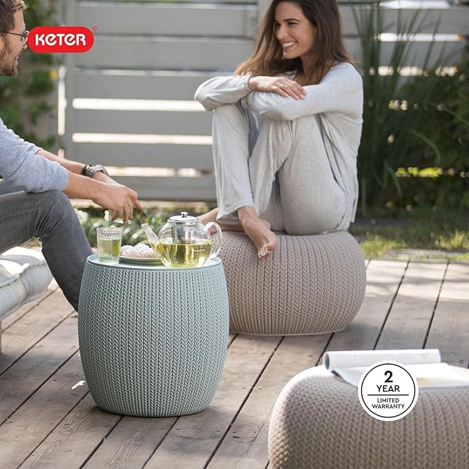 Keter Urban Knit Pouf Ottoman Set of 2 with Storage Table for Patio and Room Décor - Perfect for Balcony, Deck, and Outdoor Seating, Misty Blue & Taupe