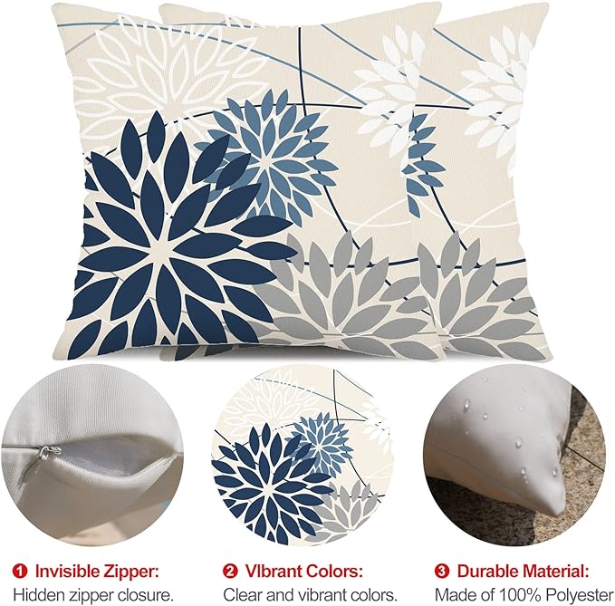 Blue and Gray Floral Pillow Covers 16x16 Set of 2 Outdoor Waterproof White Colored Decorative Throw Pillows Summer Pillowcase Polyester Cushion Case Decor for Couch Patio Funiture Garden Porch 01B16