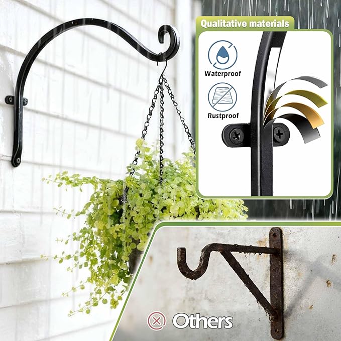 Hanging Plant Brackets Outdoor: 2 Pack 12 Inch Metal Plant Hangers Wall Hooks - Can Hold 50 Lbs Heavy Duty Outdoor Hooks for Hanging Bird Feeders, Flower Baskets, Lanterns, Wind Chimes