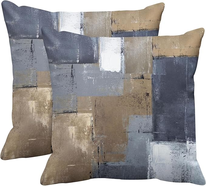 Britimes Throw Pillow Covers Modern Home Art Decor, 18 x 18 Inches Set of 2 Pillow Cases Decorative, Abstract Oil Painting Pillowcases for Bedroom, Living Room, Cushion Couch Sofa, Brown Blue