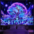 Huzuya Tree of Life Tapestry Blacklight Aesthetic Tree Tapestry UV Reactive Galaxy Space Tapestries Fantasy Waterfall Wall Tapestries Colorful Starry Sky Wall Hanging Decor for Home
