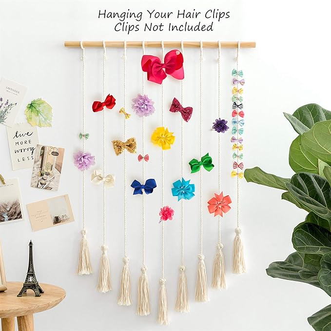Mkono Teen Girl Room Decor Boho Macrame Hanging Photo Display, Pictures Cards Holder Wall Art for Bedroom Livingroom Dorm Home Teens Women Christmas Birthday Gift, with 40 Wood Clips, 37" L x 23.6''W