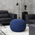 Round Pouf Ottoman, 18" Bordeaux Knitted Cotton Woven Round Pouf, Handmade Woven Bean Bag for Living Room, Floor Bag for Bedrooms, Home, Offices, Sofa Footrest (Navy)