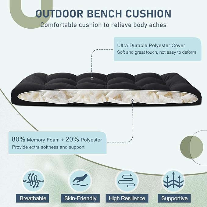 downluxe Outdoor Bench Cushion for Patio Furniture, Water Resistant Tufted Overstuffed Porch Swing Cushions, Thick Outdoor Loveseat Cushions, 48" X 18" X 5", Black, Set of 1
