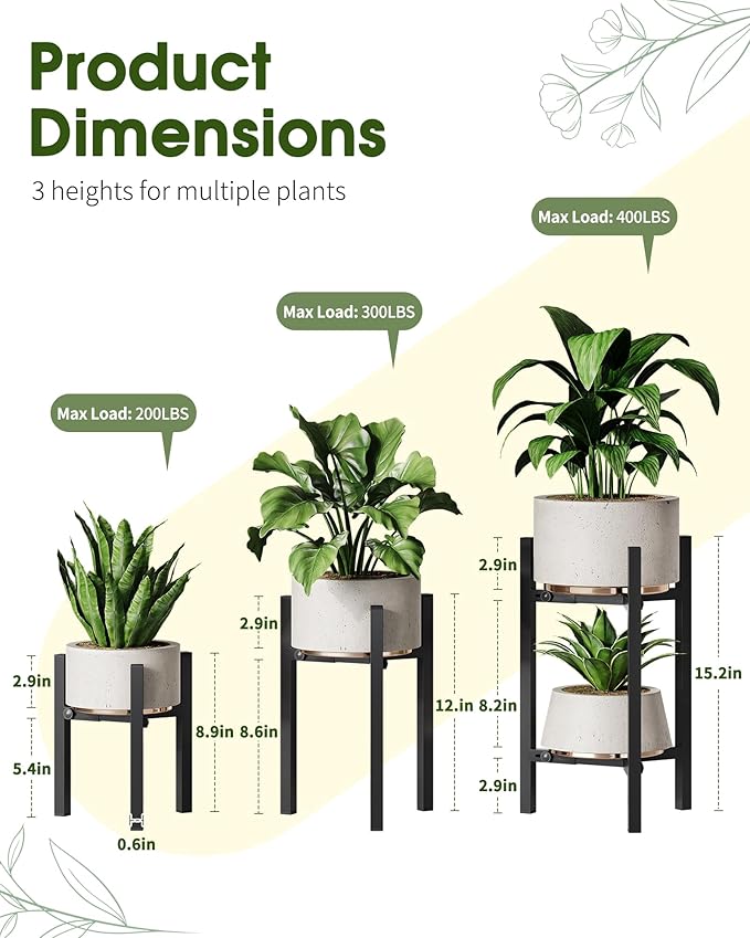 3 Pack Plant Stand Indoor Adjustable, Metal Modern Indoor Plant Stand, Heavy Duty Single Plant Stands Outdoor Corner, Stable Plant Holder Indoor Stand, Fits 8 to 12 Inches Pots, Black