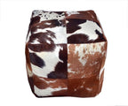 Unstuffed Premium Hair-on Leather Ottoman Pouf Cover, Boho Handmade Genuine Cowhide Square Footstool, Modern Cube Ottoman Footrest for Home Decor Living Room, Bedroom - 18X18 Inch, Tan & White
