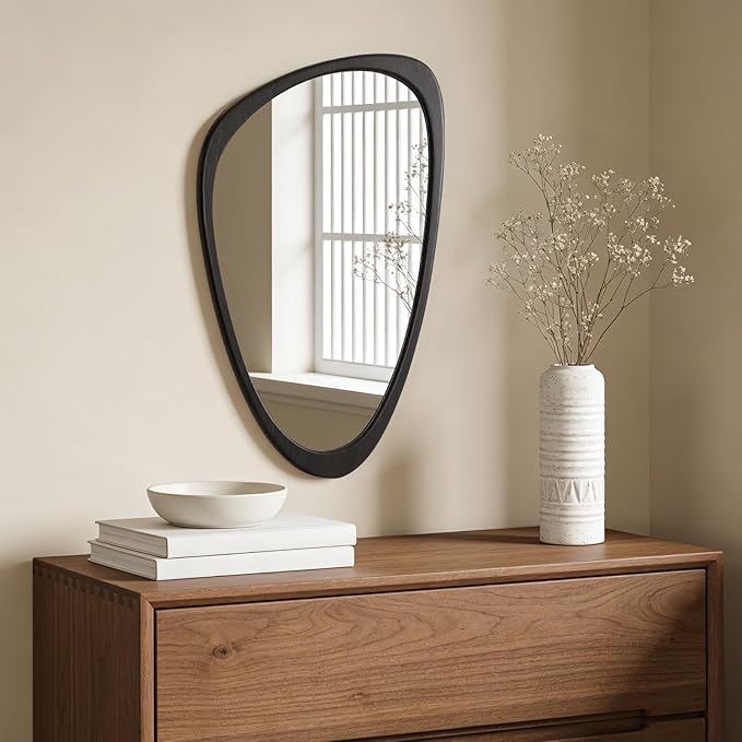 WallBeyond Asymmetrical Mirror, Irregular Wall Mirror, Wall Mirrors Decorative for Bedroom Living Room Entryway Hall, Wood Mirror for mid Century Modern Decor 30" H x 19" W, Black