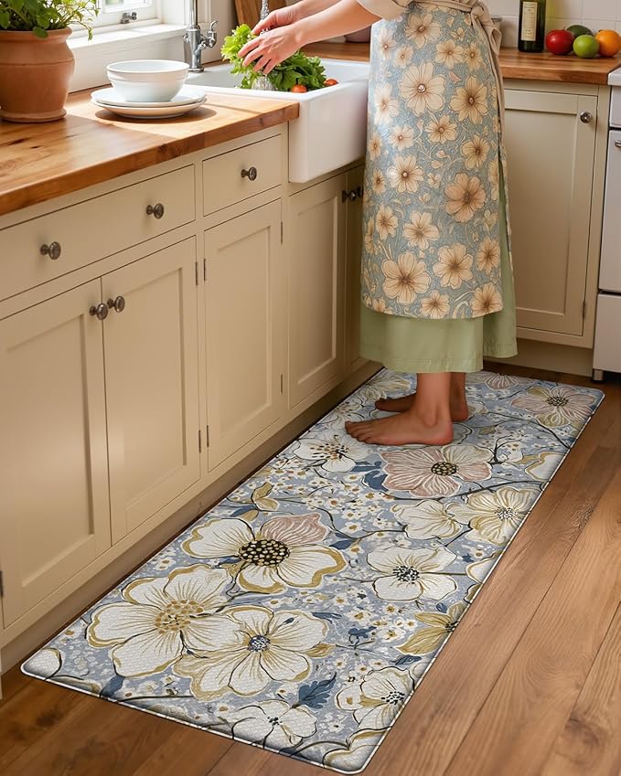 DEXI Kitchen Mats for Floor, 23x59, Cushioned Standing Mat Anti Fatigue, Wide Waterproof Comfort Floral Padded for Laundry Room Office, Blue and Yellow