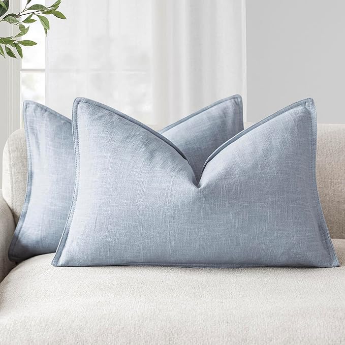 Foindtower Pack of 2, Decorative Linen Soild Throw Pillow Covers Soft Accent Lumbar Cushion Case Boho Farmhouse Pillowcase for Chair Couch Sofa Bedroom Living Room Home Decor 12 x 20 Inch Sky Blue