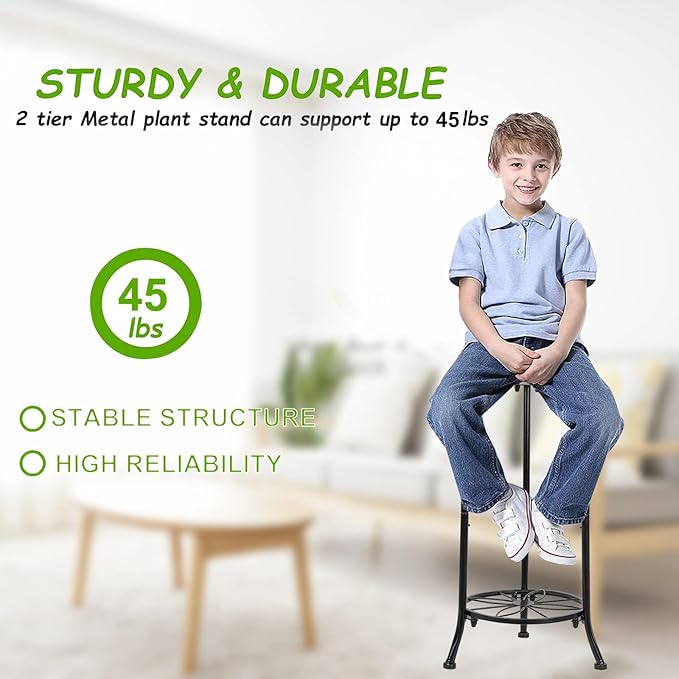 THKFUL 2Pack Plant Stand Indoor Outdoor,20.3" Heavy Duty Metal Pot Plants Stands for Multiple Plant,2 Tier Corner Flower Pot Stand Holder Rack Planter Display for Patio Garden Balcony(Black)