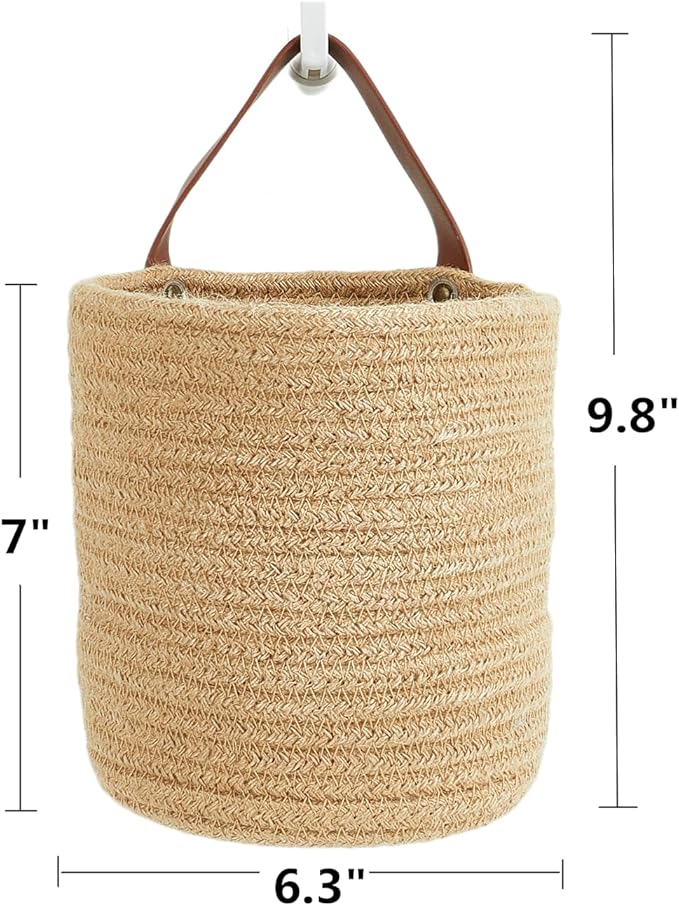 2pack Small Hanging Basket-Cotton Rope Wall Basket with Handle, Hanging Storage Baskets, Shelf Baskets Storage Bin Closet Organizer - 6.3" x 7", Woven Plant Basket (Jute)