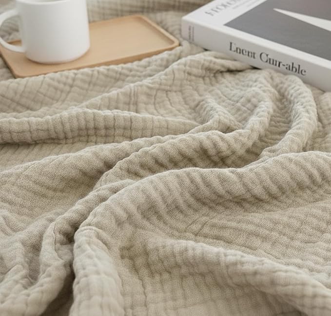KyraHome 100% Organic Cotton 90"x104" King Size Muslin Blankets for Adults, Kids, Pre-Washed Plant Dyed, Breathable Cozy Gauze Bed Blanket, All Season (Oatmeal Khaki)