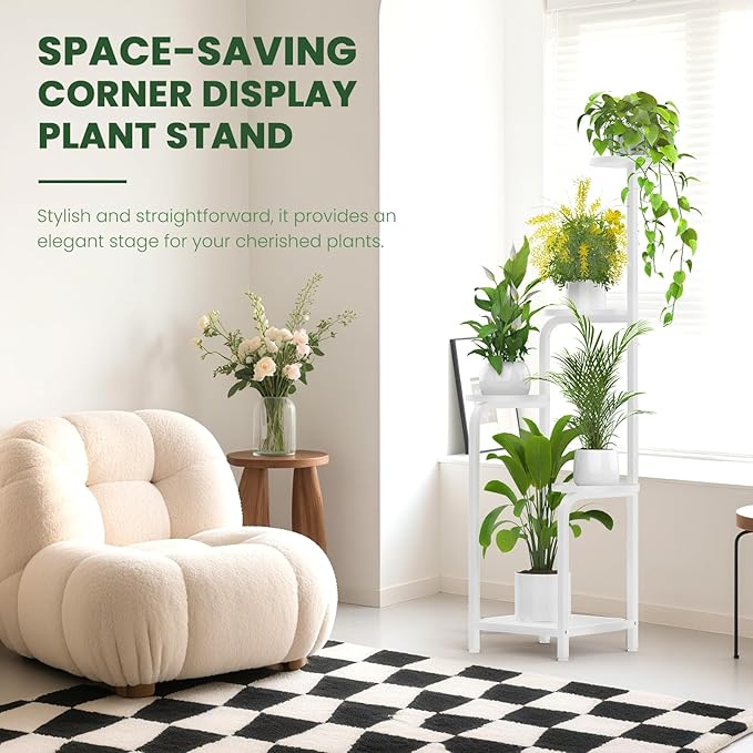 TOSKING 5 Tier Tall Plant Stand Indoor Outdoor,Anti-Tip Plant Stand indoor, Wide Base for Pots, Child and Pet Friendly,Heavy Duty Corner Shelf for Plants & Decor, Space Saving ,Tiered Metal Flower Pot Stand for Balcony, Garden, Living Room, Patio (Whit...