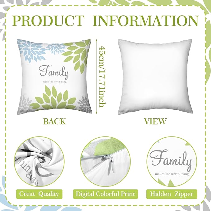 Tatuo 4 Pcs Flower Pillow Covers Square Spring Pillow Cushion Cases 18 x 18 Inch Family Faith Hope Love Words Decorative Summer Winter Cushion Case for Bed Couch Sofa Living Room(Green Series)