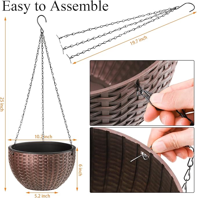 Foraineam 10.2 Inches Round Basket Hanging Planter Dual-pots Design Garden Flower Plant Pots Hanging Planter Baskets with Drainer and Chain for Indoor Outdoor Use