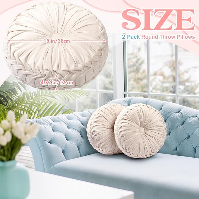 2 Pcs Round Throw Pillows 15 Inch Decorative Velvet Pleated Pumpkin Pillows Boho Floor Pillow with Center Button for Living Room Couch Chair Bed Sofa Home Decoration (Ivory)