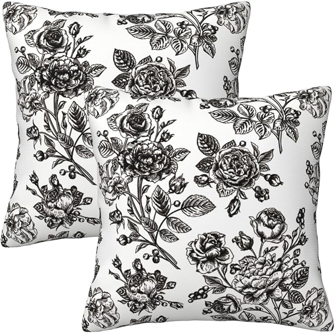Black Floral Throw Pillow Covers 18x18 Inch Vintage Flower Black White Decorative Pillow Covers Set of 2 Farmhouse Pillowcases Square Cushion Covers for Couch Bed Sofa Chair Car Decor