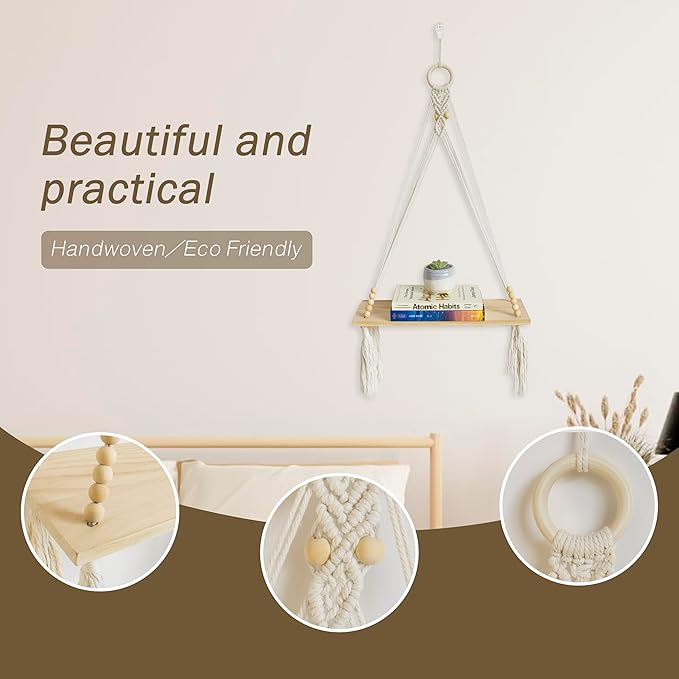 HVEST Macrame Wall Hanging Shelf Boho Wall Decor Floating Storage Book Shelf Beige Handmade Woven Tapestry for Bedroom Living Room Dorm Nursery Bathroom Wall Art Macrame Plant Hanger