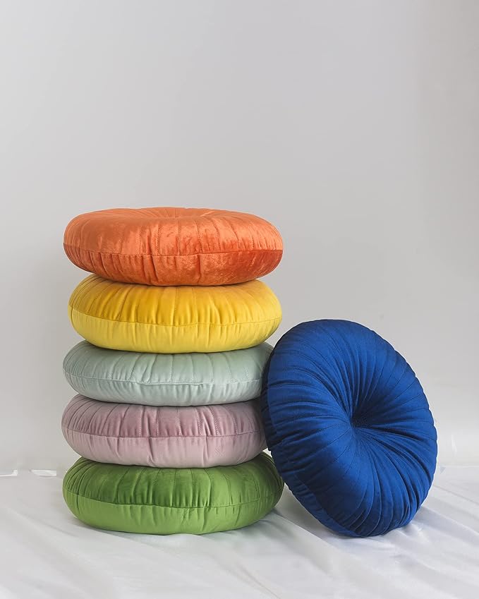Roslynwood Shelly Round Solid Lemon Velvet Chair Cushion Couch Pumpkin Throw Pillow Home Decorative Seashell Floor Pillow, 16x16 inch