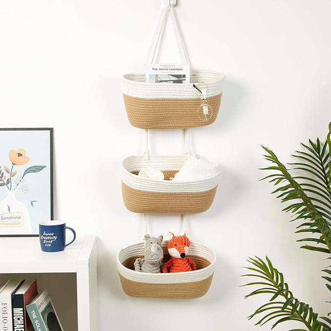 DULLEMELO Hanging Storage Basket for Organizing, 3-Tier Over The Door Organizer, Woven Wall Basket Decor Hanging Baskets for Storage, Versatile Storage for Every Room‌, White&Jute