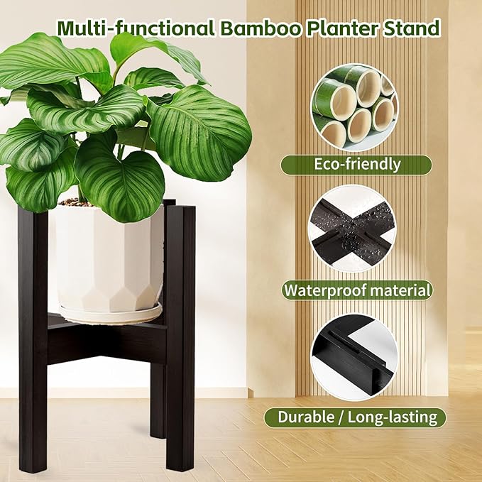 Adjustable Bamboo Plant Stand for Indoor Plants, Holder Rack Fits 8"-12" Pots for Living Room, Bedroom, Corner - Space Saving Shelf (Pot & Plant Not Included)(Black)