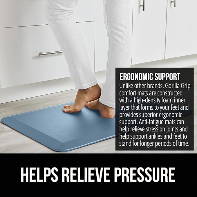 GORILLA GRIP Comfortable Cushioned Kitchen Mats for Floor, 39x20, Waterproof and Stain Resistant Soft Top, 3/4 Inch Thick Ergonomic Standing Desk Anti Fatigue Mat, Foam Supports Ankles, Feet, Sky Blue