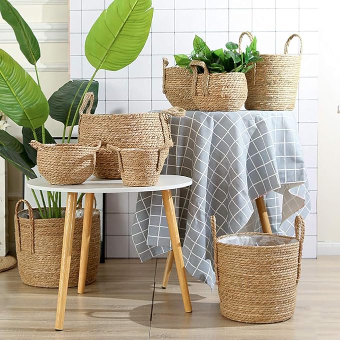 Zerodeko Flower Vase Seagrass Planter Basket Straw Plant Baskets Woven Basket Flower Plant Pot Wicker Plant Containers with Plastic Liner for Indoor Plants Laundry Room 25cm Grocery Basket