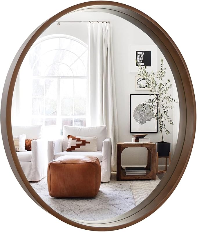 WallBeyond Circle Mirror with Wood Frame, 28" Round Modern Decoration Large Home Decor Mirror for Bathroom Living Room Bedroom Entryway (28" Diameter, Walnut)