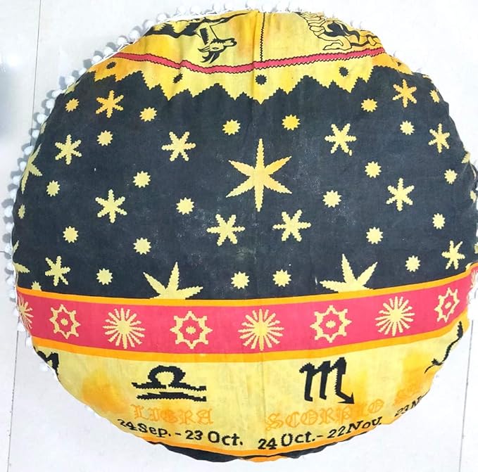 CRAFT KALA Mandala Floor Pillow Cushion Cover Seating Throw Cover Hippie Decorative Bohemian Ottoman Poufs Pom Pom Pillow Cases Indian Cotton Living Room Home Décor 24" Round Set of 2, Yellow Zodiac